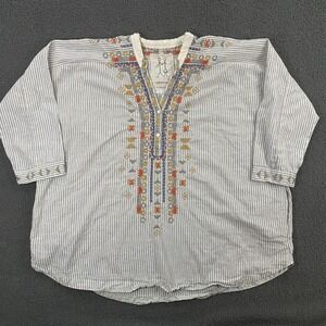 Johnny Was Tunic Blouse Womens XL Stripe Embroidered Boho Linen Cotton Hippie